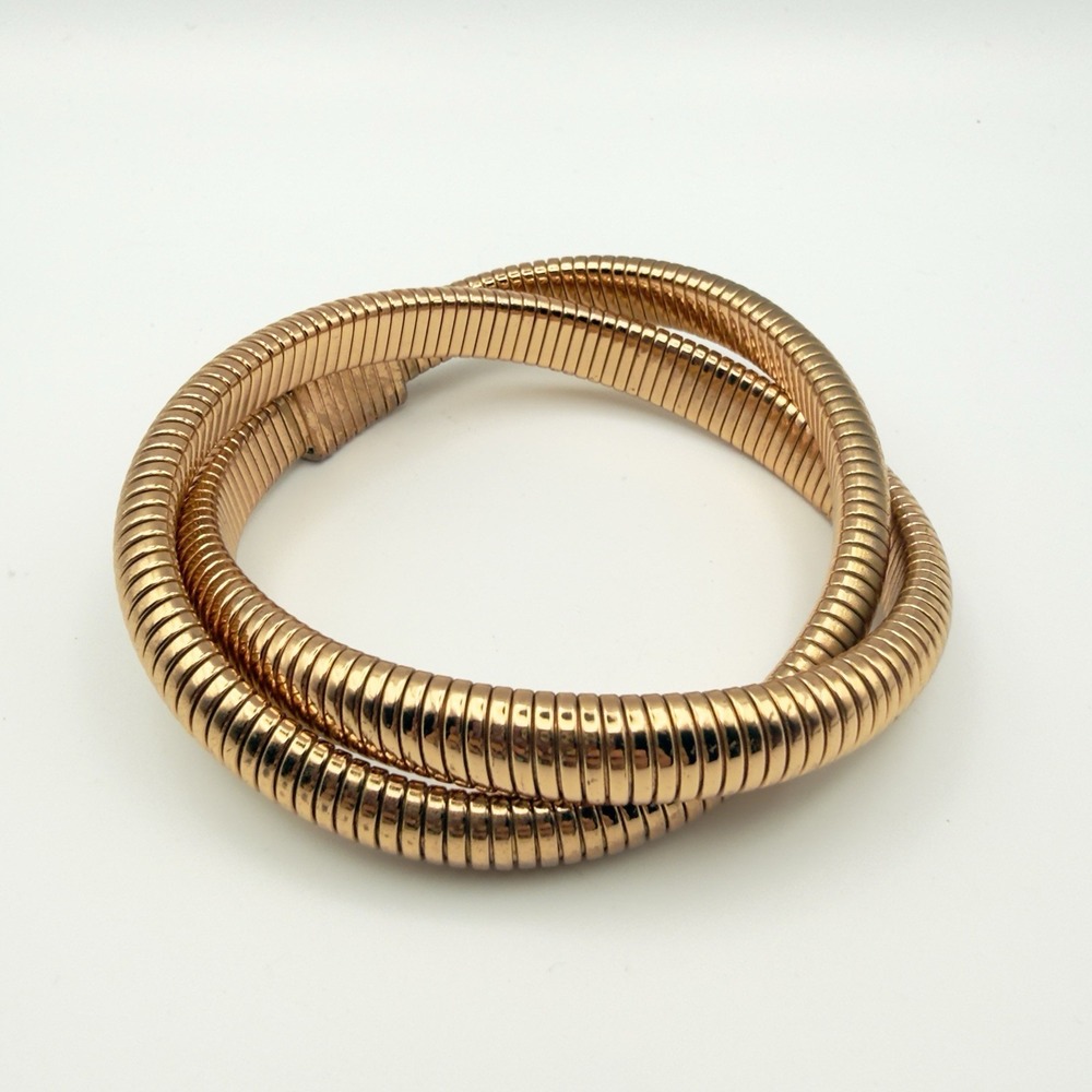 Gold Tone Gaspipe Tubogas Double Wrap Crossover Flexible Bangle Bracelet 7-7.5" - Picture 2 of 8